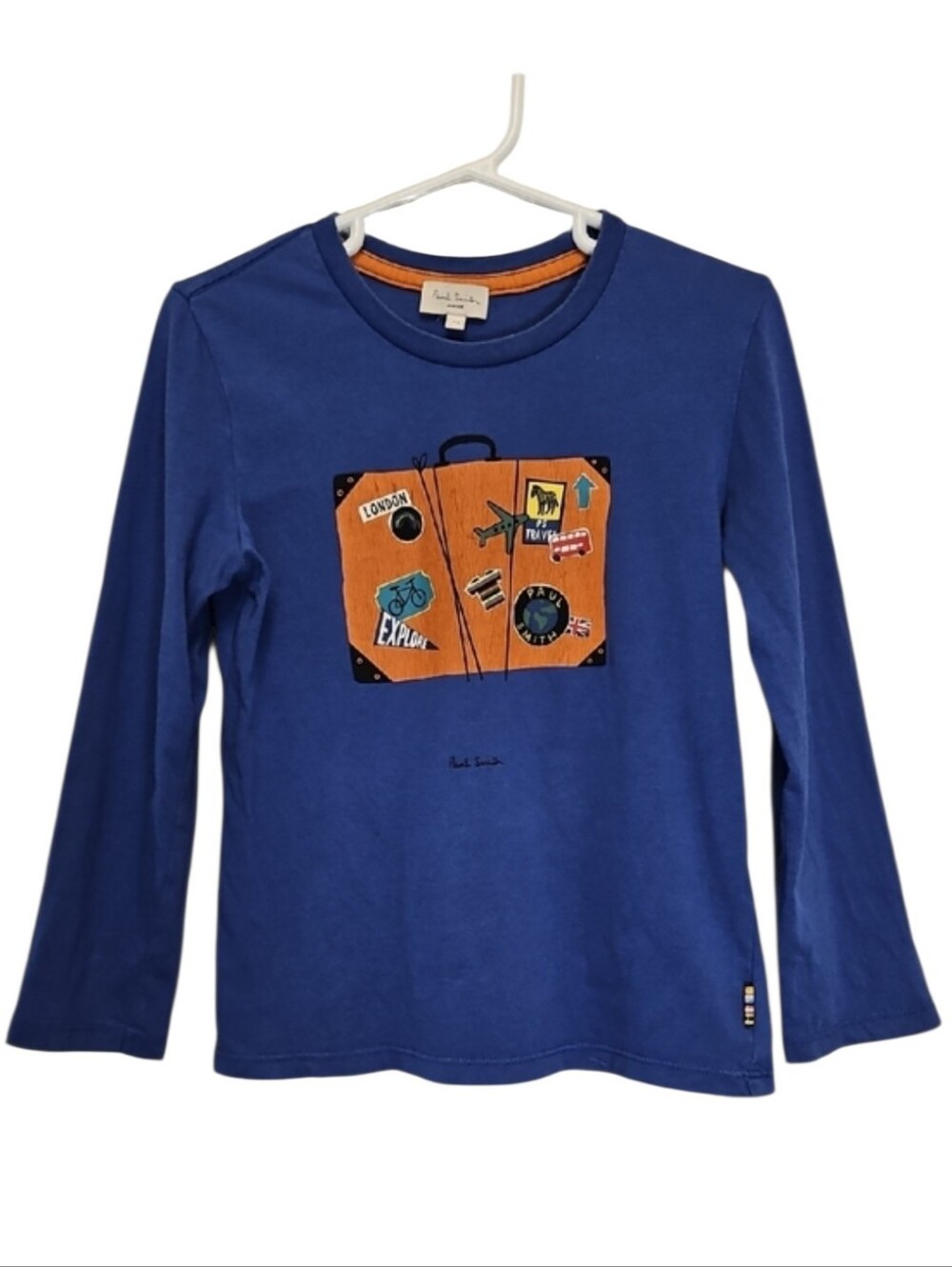 Paul Smith Junior Blue Long-Sleeve Tee with Orange Suitcase Graphic, Size 4A